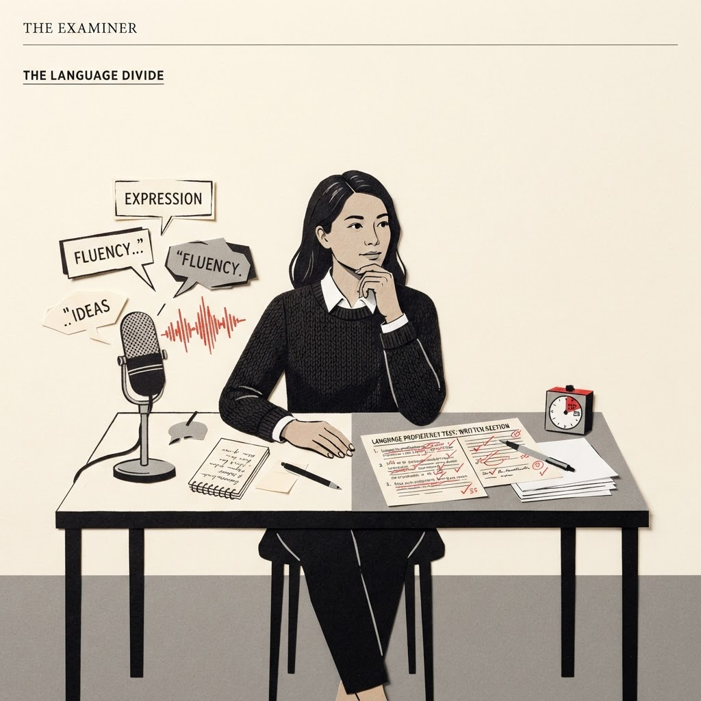 Ilustração editorial sobre as partes oral e escrita do CELPE-Bras.